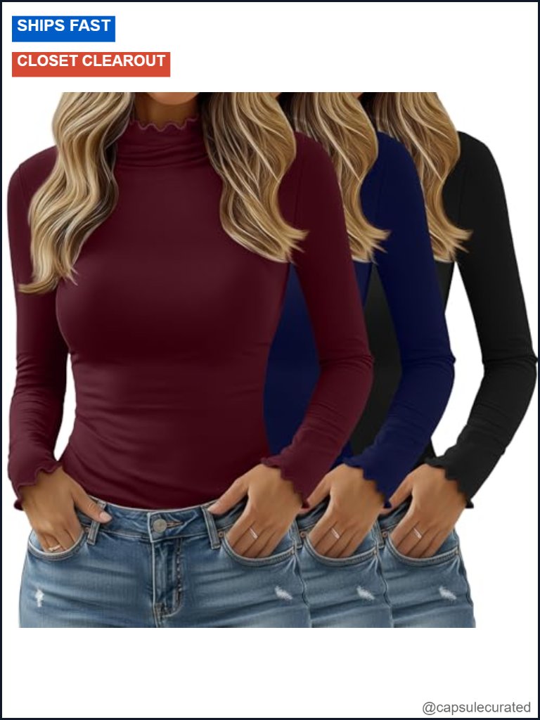 3 Pack Women's Mock Turtleneck Long Sleeve Lettuce Trim Slim Fit Tops